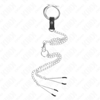 KINK - ANELLO PER PENE IN METALLO CROMATO TRIPLO DA 3 CM A 4,5 CM CON CATENA IN METALLO DA 26 CM E CLIP PER CAPEZZOLI