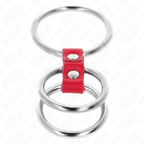 KINK - ANELLO PER PENE IN TRIPLO METALLO DA 3,7 CM A 5 CM COLLEGATO CON PELLE ROSSA